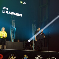 City Theatrical's Adam Seidman and Gary Vilardi accepting the Lighting Award for Multiverse Connect Module