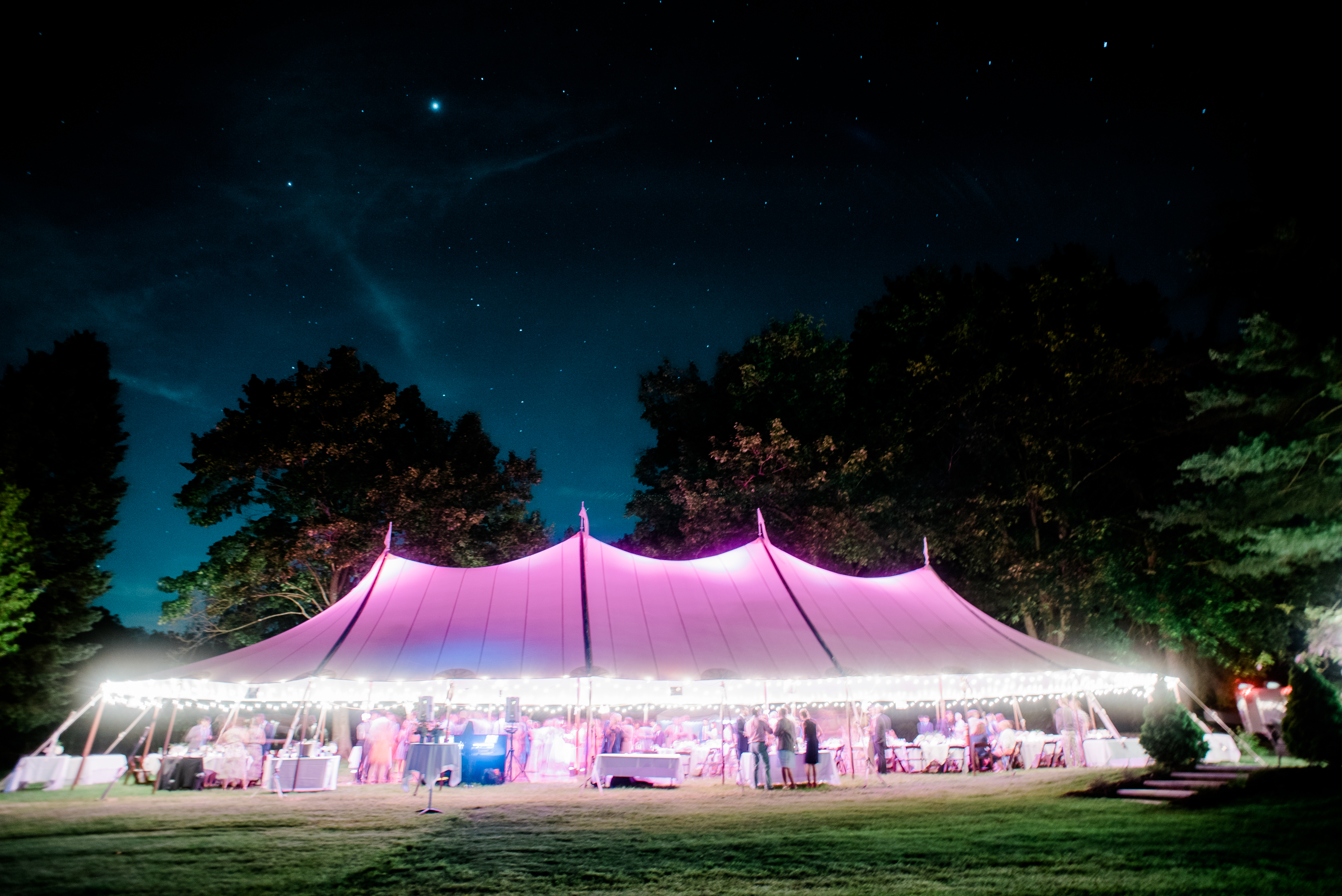 Six QolorPoint Wireless LED Uplighters at an Outdoor Wedding in Garrison, NY (Rachel Pearlman)